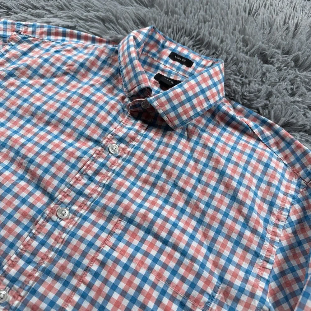J Crew Shirt Medium Red Blue Button Up Ludlow Gingham Check Preppy Office Mens